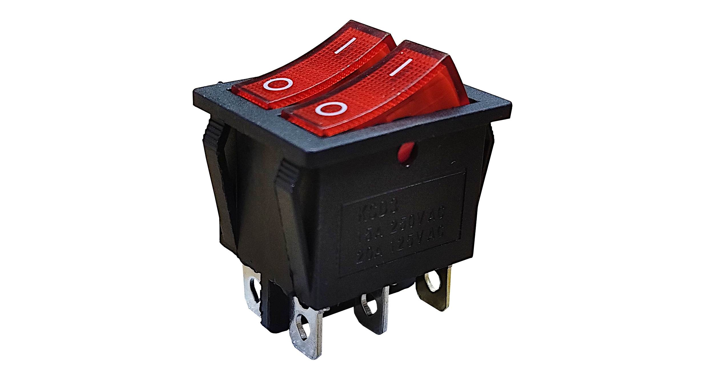 LLAVE TECLA RECTANGULAR DOBLE 3P ROJA ON-ON 15A 220V CON LUZ